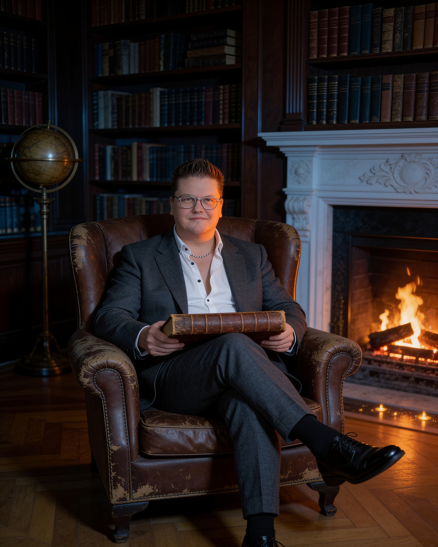 Sven Wedler mit Buch im Ledersessel